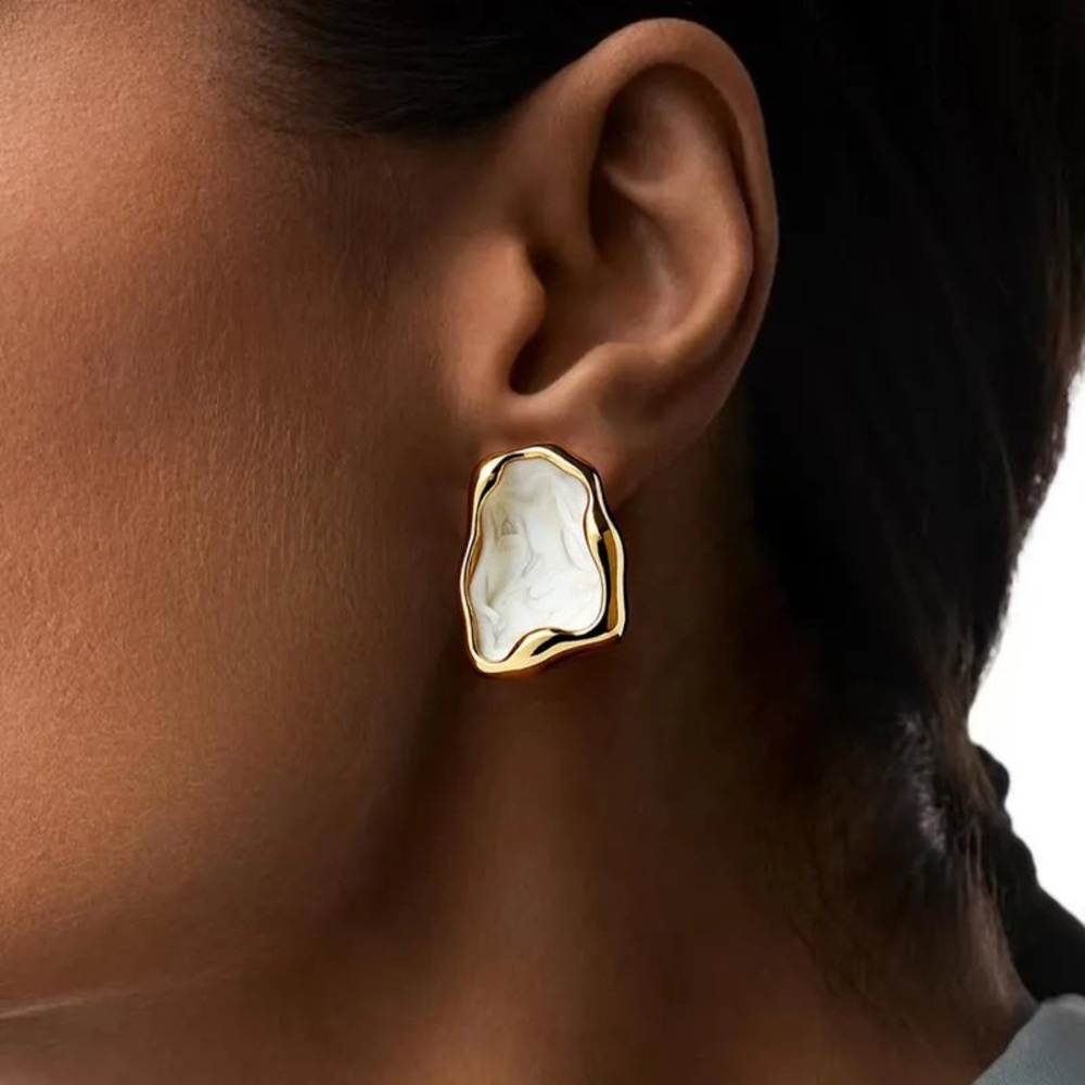 White Marble Gold Plated Earrings - Picture 2 of 4
